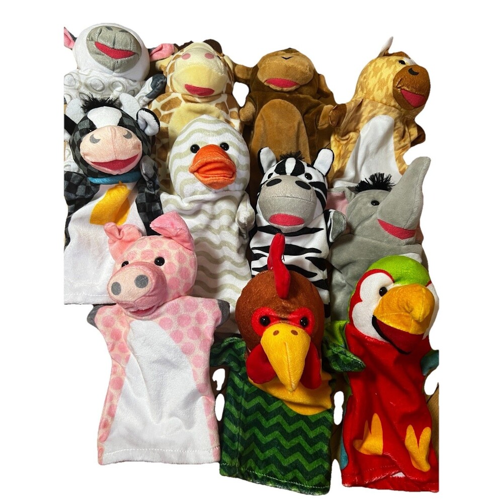 Lot of 11 Melissa and Doug Plush Animal Hand Puppets Zoo Friends & Farm Friends